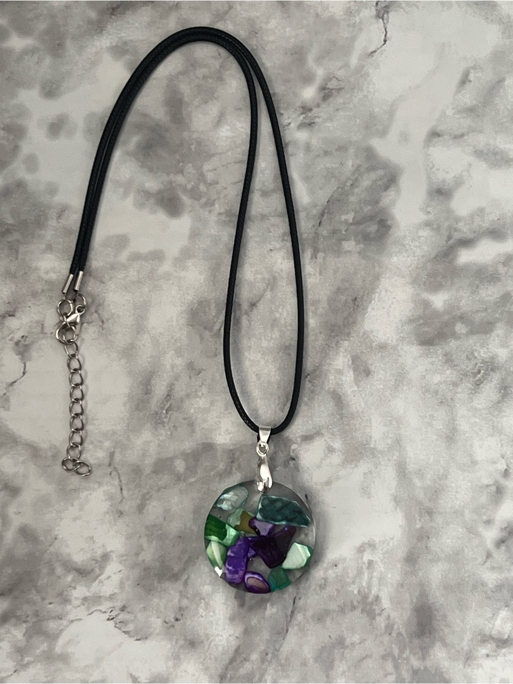 Handmade Resin Pendant Necklace in Green & Purple